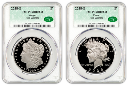 2025-S (PR70) Proof Morgan & Peace Silver Dollar (2 Coin Set) CAC FD Presale