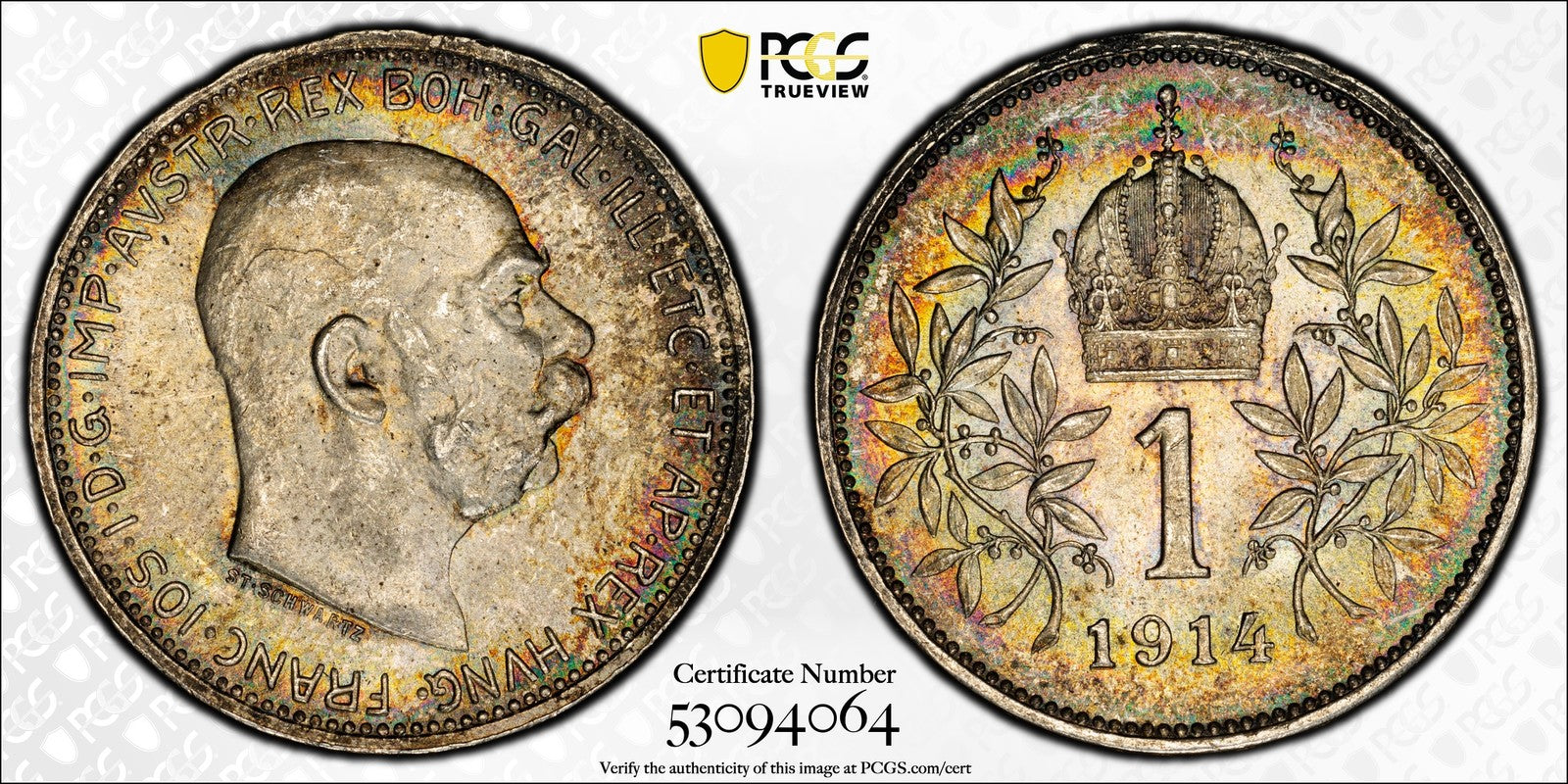 1914 (MS65+) Austria Franz Joseph Silver 1 Corona PCGS - Nice Reverse Toning