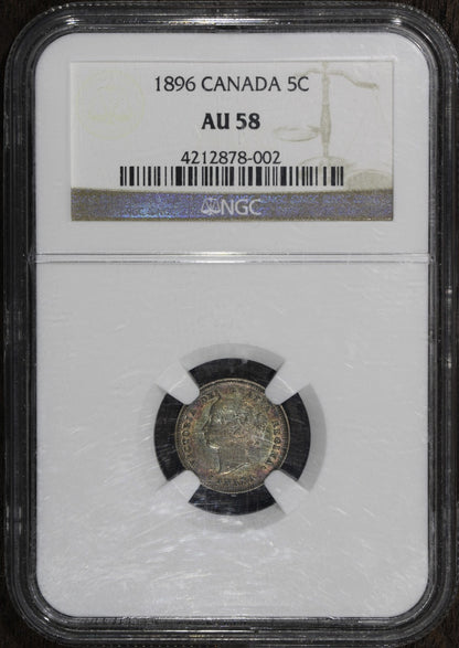 1896 (AU58) Canada 5 Cents 5C NGC - Victoria Rainbow Toning