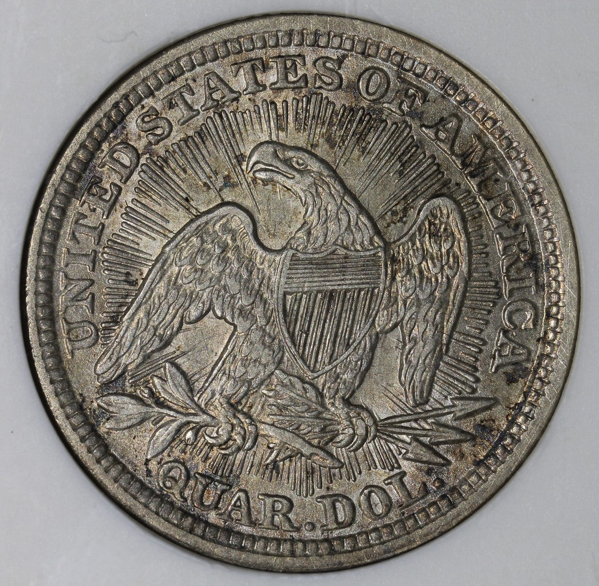 1853/4 (AU55) Seated Liberty Quarter with Arrows and Rays 25C ANACS Soapbox