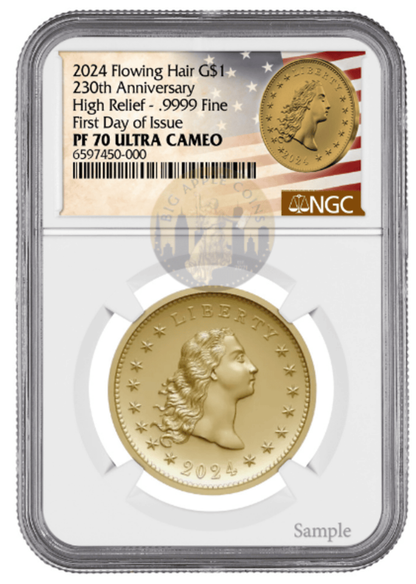 2024 (PR70) Flowing Hair $1 Gold Coin-230 Anniversary-First Day Issue FDOI NGC