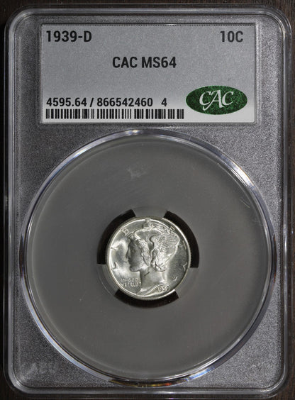 1939-D (MS64 CAC) Mercury Dime 10C CACG