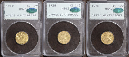 Indian Head Gold Quarter Eagle $2.50 PCGS Rattler Set - MS62 and MS63 CAC!