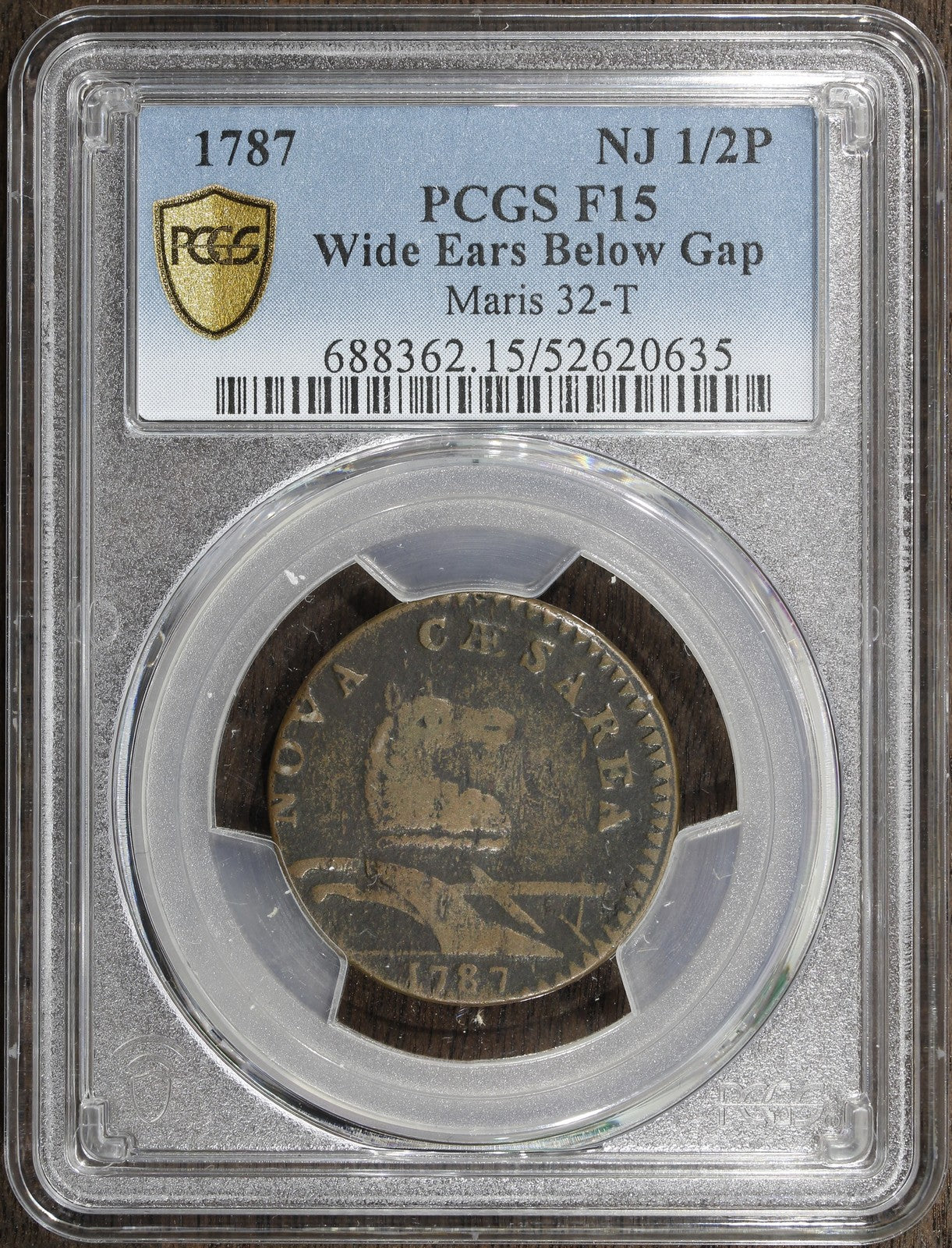 1787 (F15) New Jersey Copper Halfpenny 1/2P PCGS - Wide Ears Below Gap 32-T