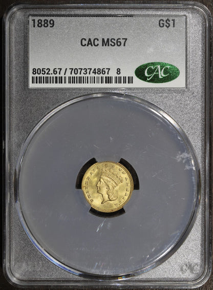 1889 (MS67 CAC) Type 3 Indian Princess Gold Dollar G$1 CACG - Superb GEM