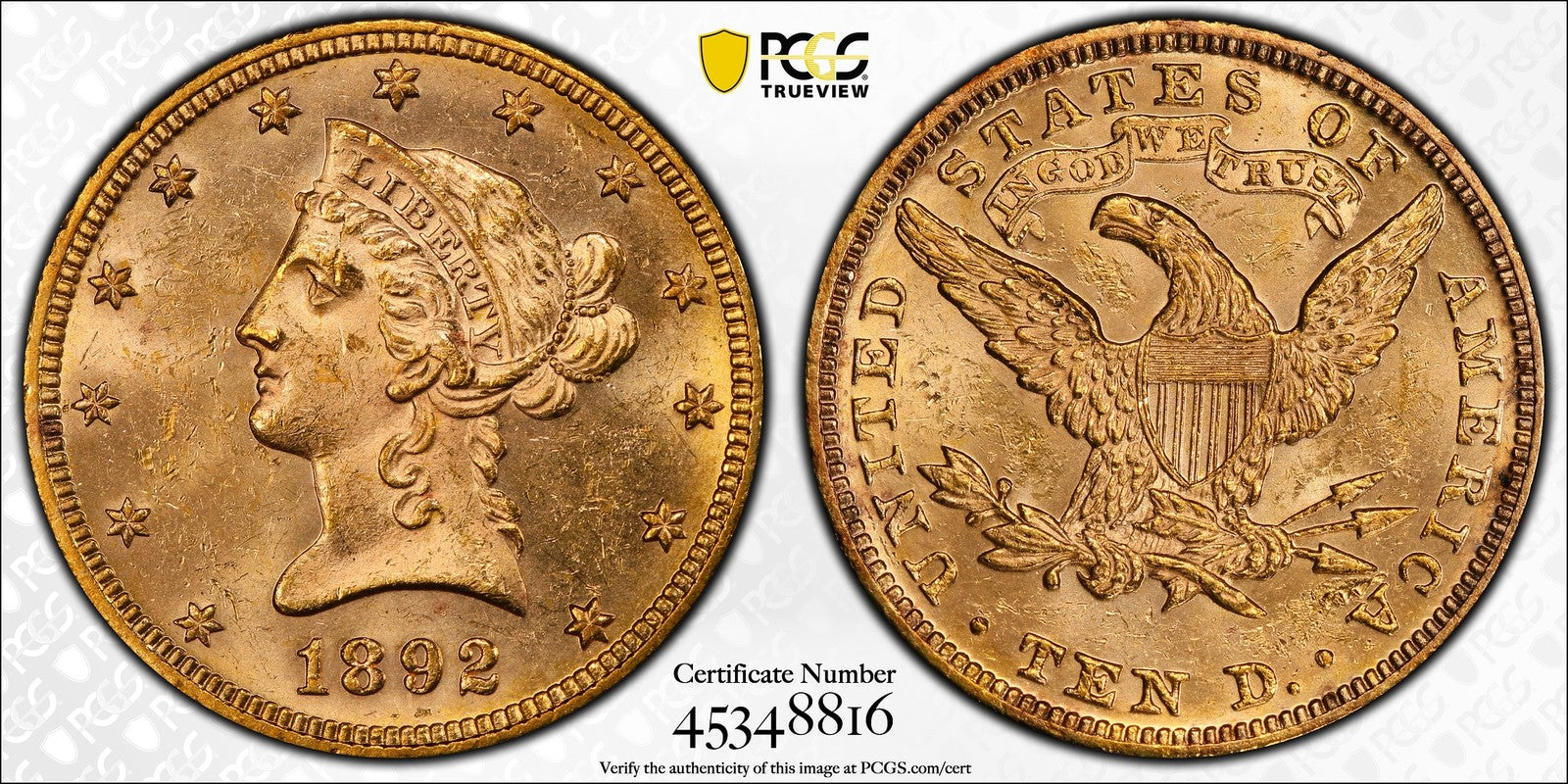 1892 (MS62 CAC) Liberty Head Gold Eagle $10 PCGS - Slight Prooflike Surfaces