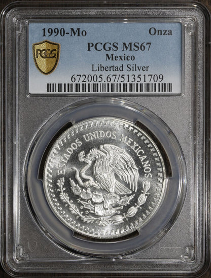 1990-Mo (MS67) Mexican Onza 1oz Silver Libertad PCGS - Prooflike Reverse