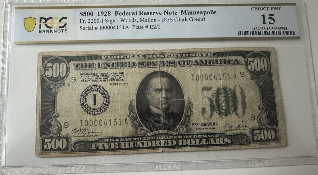 1928 $500 Dollar Bill Federal Reserve Note FR.2200-I - Minneapolis PCGS F15