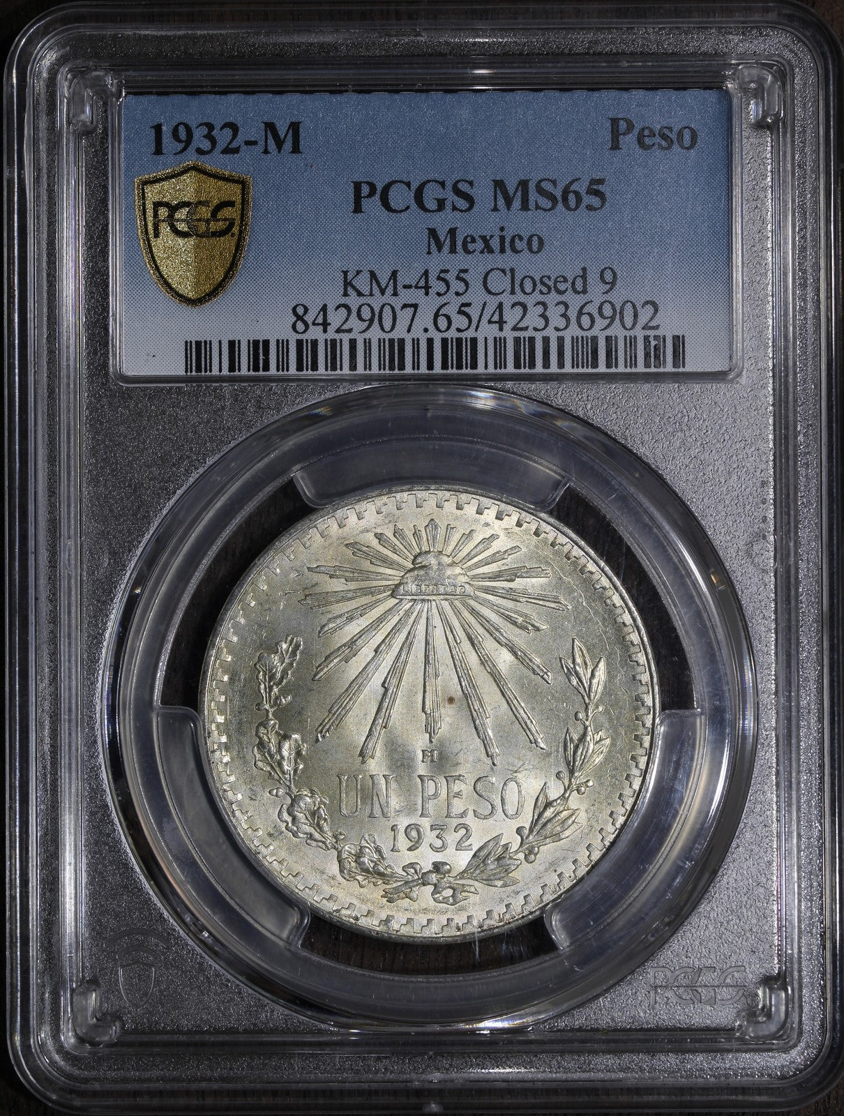 1932-M (MS65) Mexico Peso Closed 9 Variety PCGS - Flashy Gem