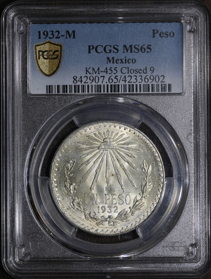 1932-M (MS65) Mexico Peso Closed 9 Variety PCGS - Flashy Gem