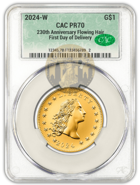 2024 (PR70) Flowing Hair $1 Gold Coin - 230 Anniversary - First Day FDOD CAC