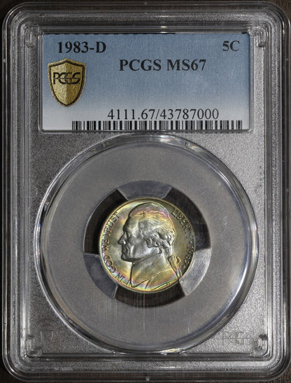 1983-D (MS67) Rainbow Toned Jefferson Nickel 5C PCGS