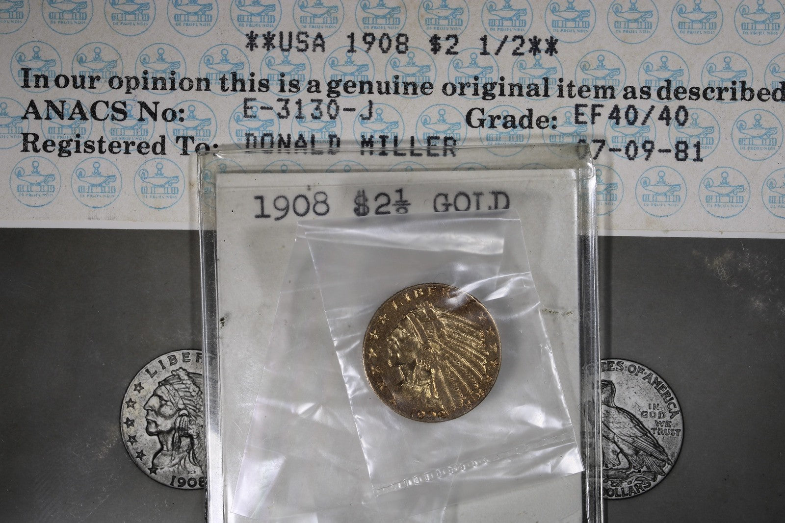 1908 $2.50 Gold Indian Quarter Eagle - ANACS Photocert XF40 - Photograde