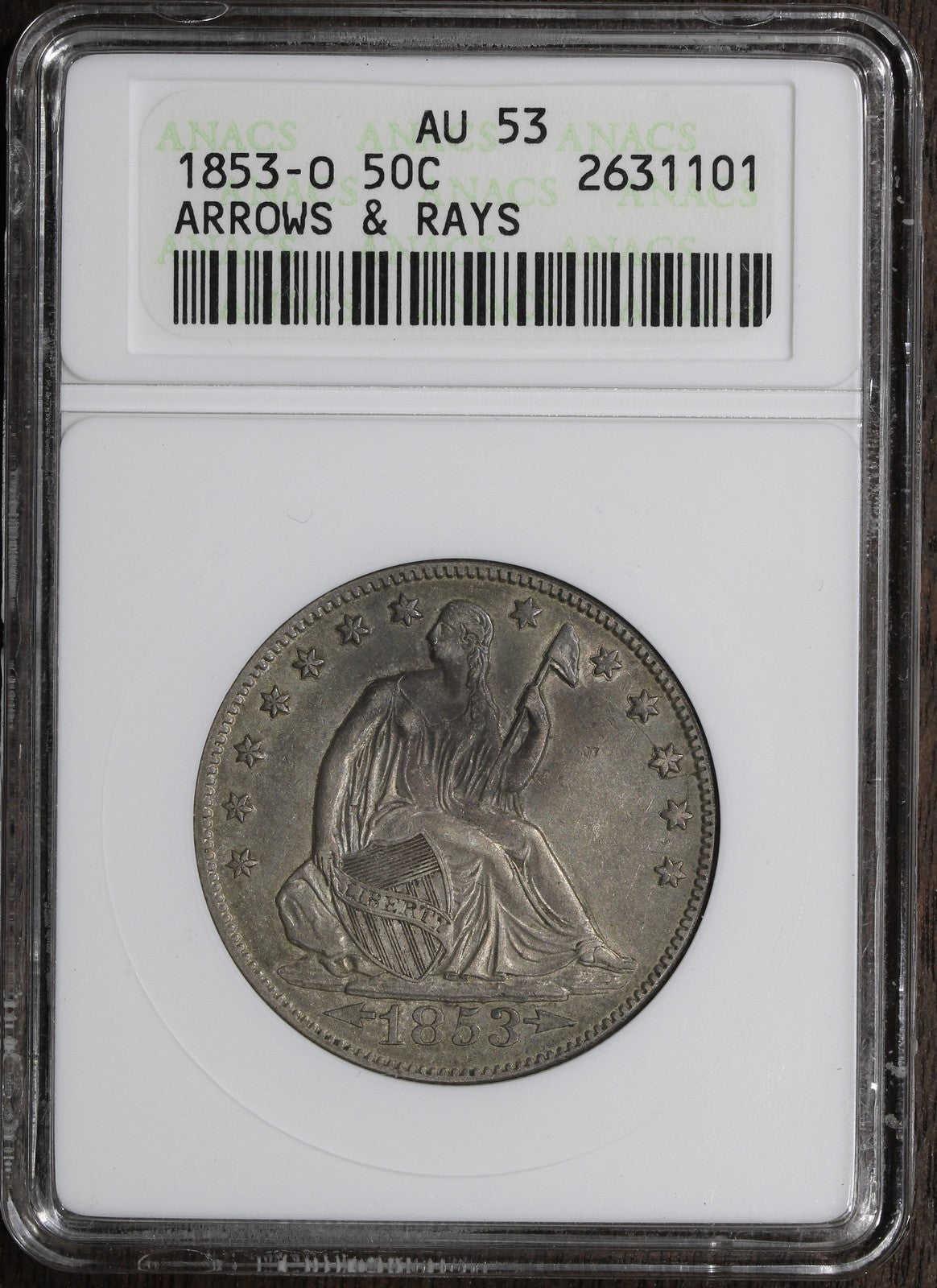 1853-O (AU53) Seated Liberty Half Dollar 50C ANACS Soapbox - Arrows and Rays