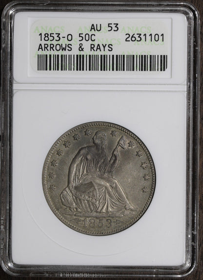 1853-O (AU53) Seated Liberty Half Dollar 50C ANACS Soapbox - Arrows and Rays