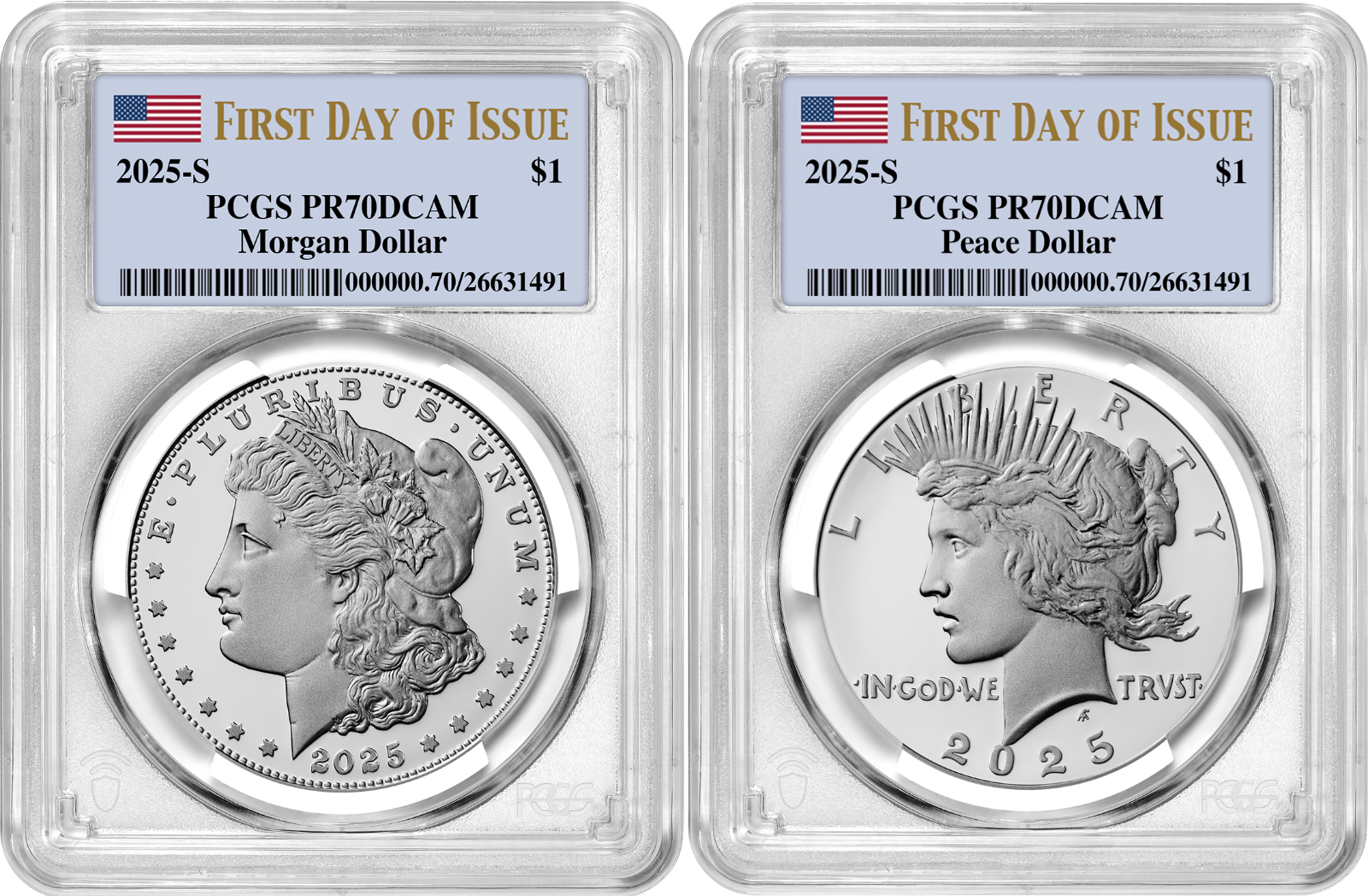2025-S (PR70) Proof Morgan & Peace Silver Dollar (2 Coin Set) FDOI PCGS Presale