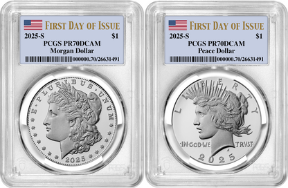 2025-S (PR70) Proof Morgan & Peace Silver Dollar (2 Coin Set) FDOI PCGS Presale