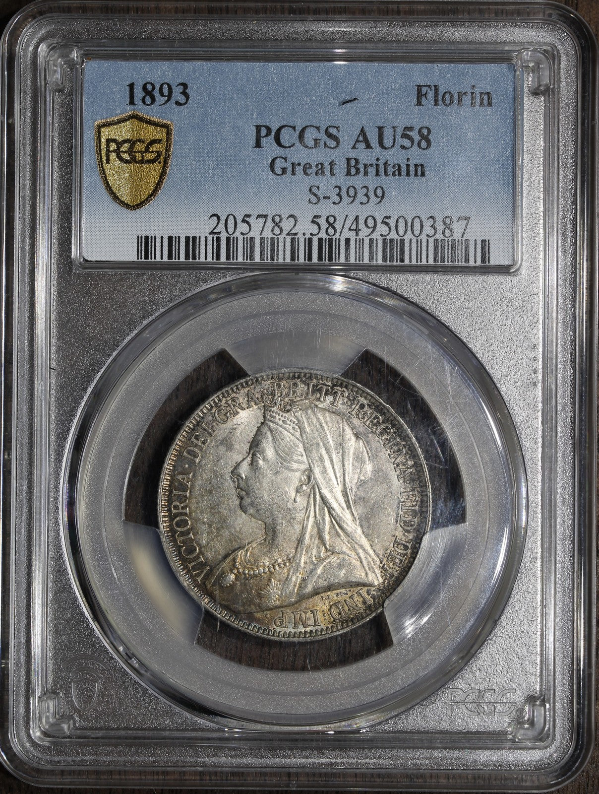 1893 (AU58) Great Britain Silver Florin PCGS - Lovely Tone, Queen Victoria