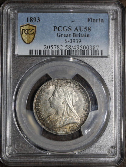 1893 (AU58) Great Britain Silver Florin PCGS - Lovely Tone, Queen Victoria