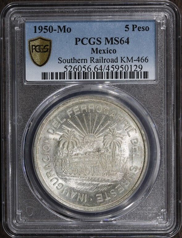 1950-Mo (MS64) Mexico 5 Peso Southern Railroad PCGS - Flashy Commemorative