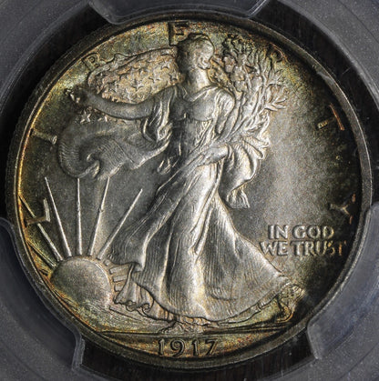 1917 (MS64) Walking Liberty Half Dollar 50C PCGS - Colorful Rainbow Rim Toning
