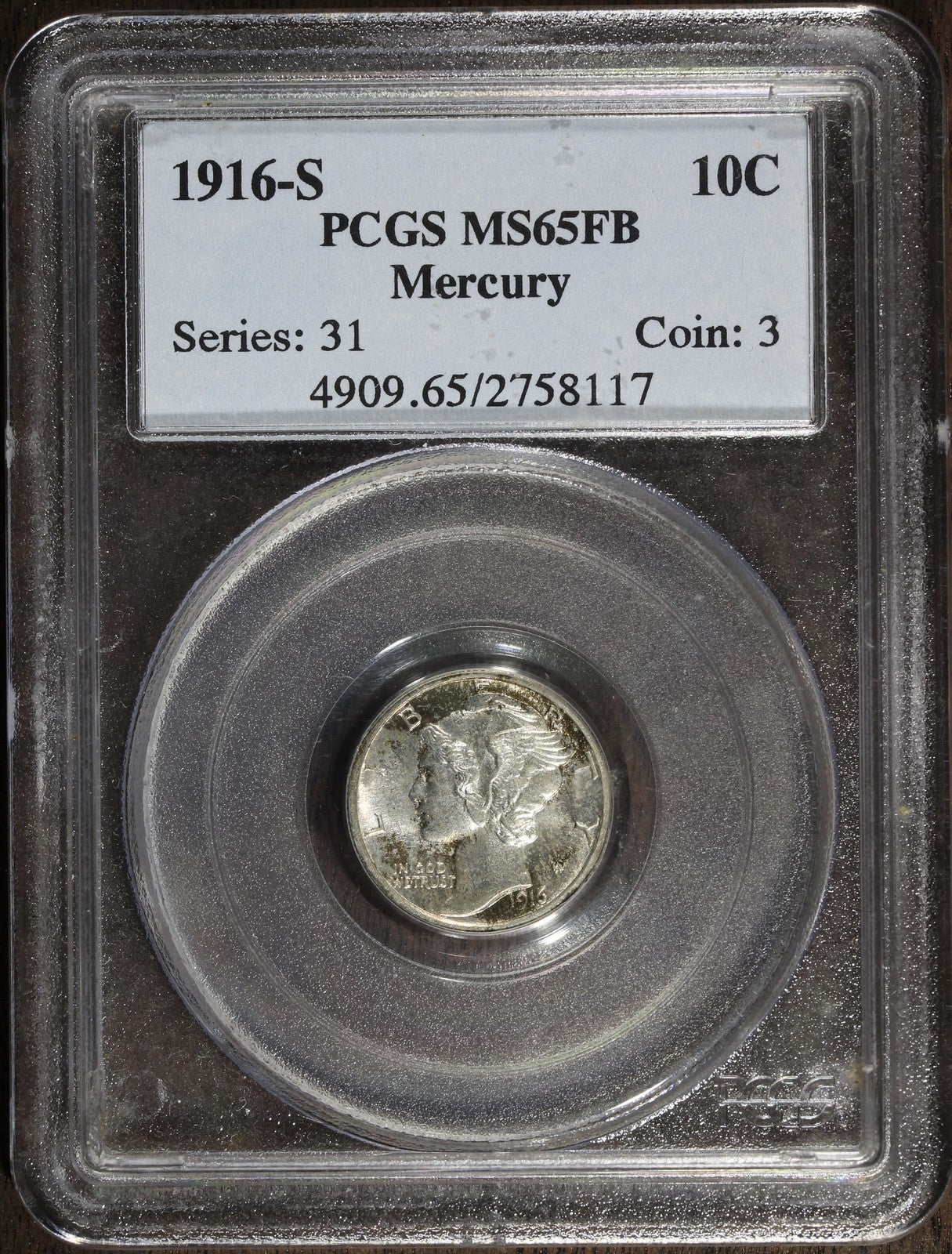 1916-S (MS65FB) Mercury Dime 10C PCGS - First Year Gem!