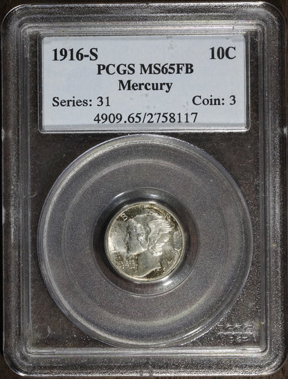 1916-S (MS65FB) Mercury Dime 10C PCGS - First Year Gem!
