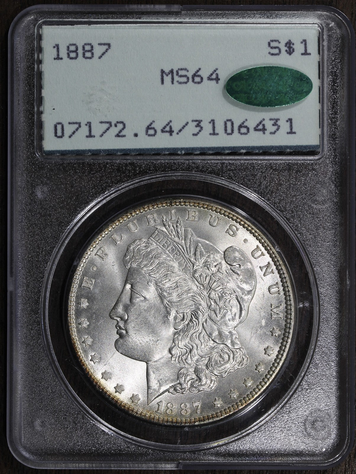 1887 (MS64 CAC) Morgan Silver Dollar $1 PCGS Rattler