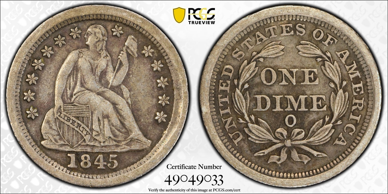 1845-O (VF30 CAC) Seated Liberty Dime 10C PCGS