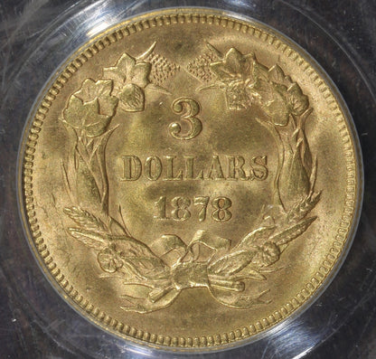 1878 (MS64 CAC) Indian Princess Three Dollar Gold Piece $3 PCGS OGH