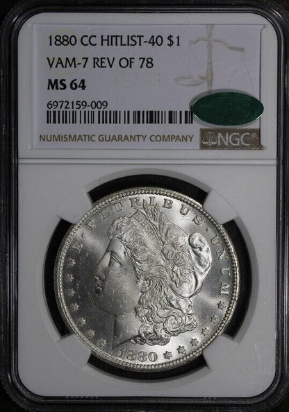 1880-CC (MS64 CAC) Morgan Silver Dollar $1 NGC- Hitlist-40 VAM-7 Reverse of 1878