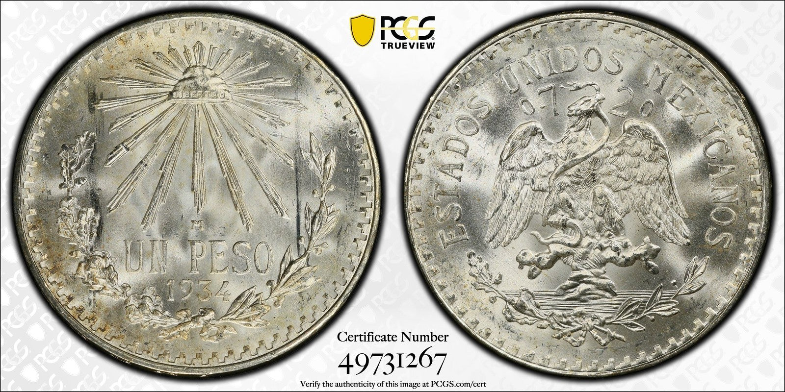 1934-M (MS66) Mexico Silver Peso PCGS - Flashy Superb Gem