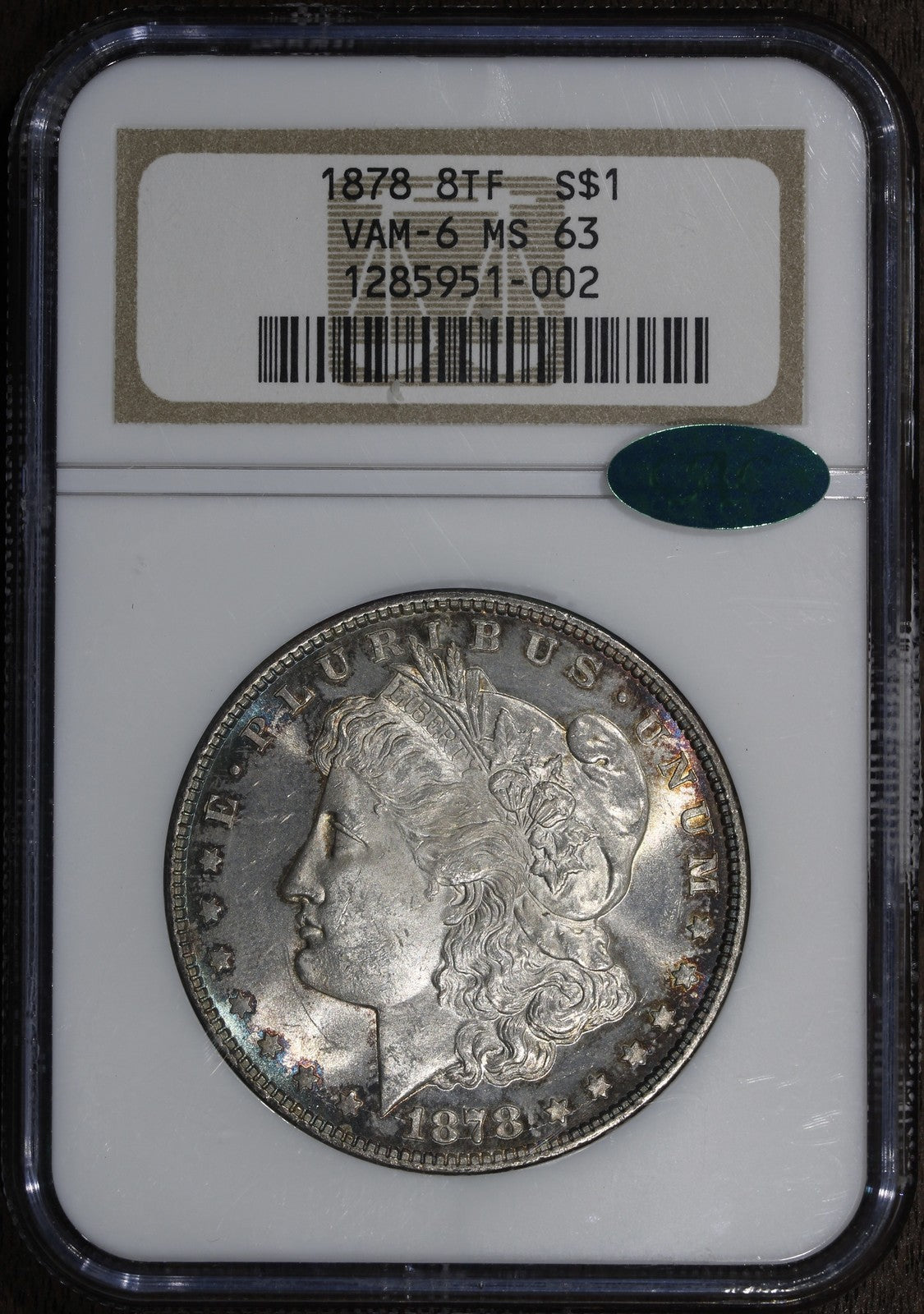 1878 (MS63 CAC) Morgan Silver Dollar $1 NGC - 8 Tailfeathers 8TF