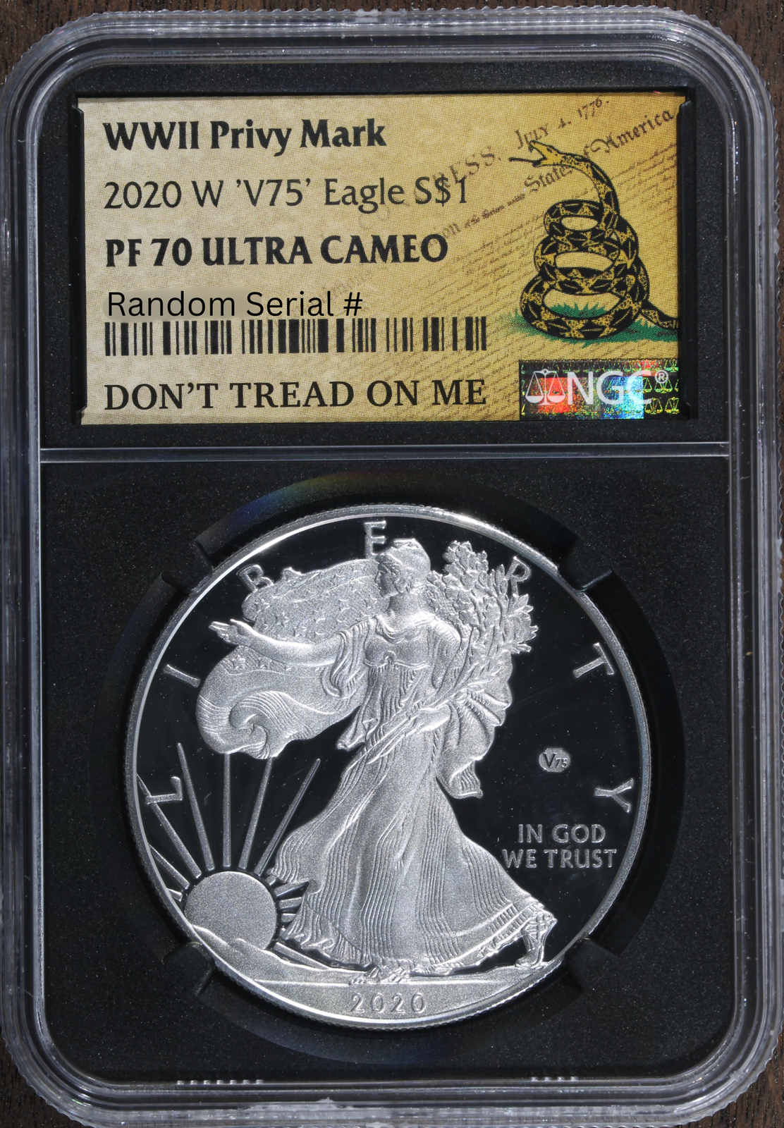 2020-W V75 (PF70 DCAM) Proof Silver Eagle NGC - End of World War II - Snake