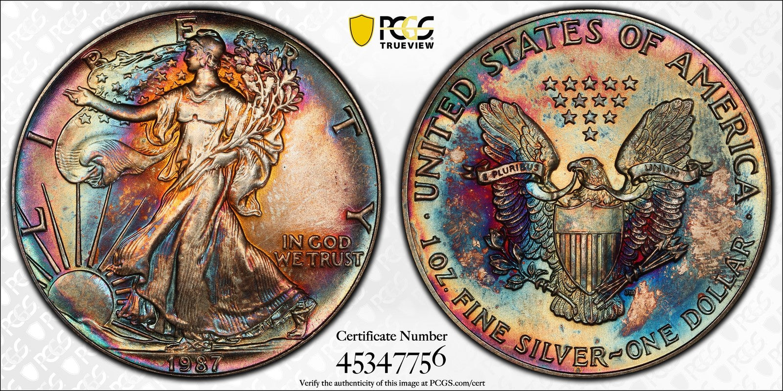 1987 (MS65) American Silver Eagle $1 PCGS - Rainbow Toned ASE!