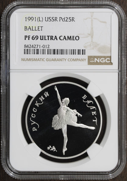 1991-L (PF69) USSR Russia 1 oz Palladium 25 Roubles Pd25R NGC - Ballet