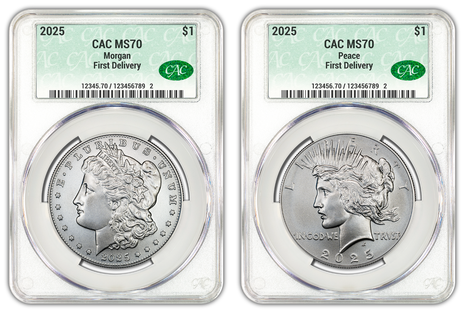 2025 (MS70) Morgan & Peace Silver Dollar (2 Coin Set) CAC First Delivery FD CACG
