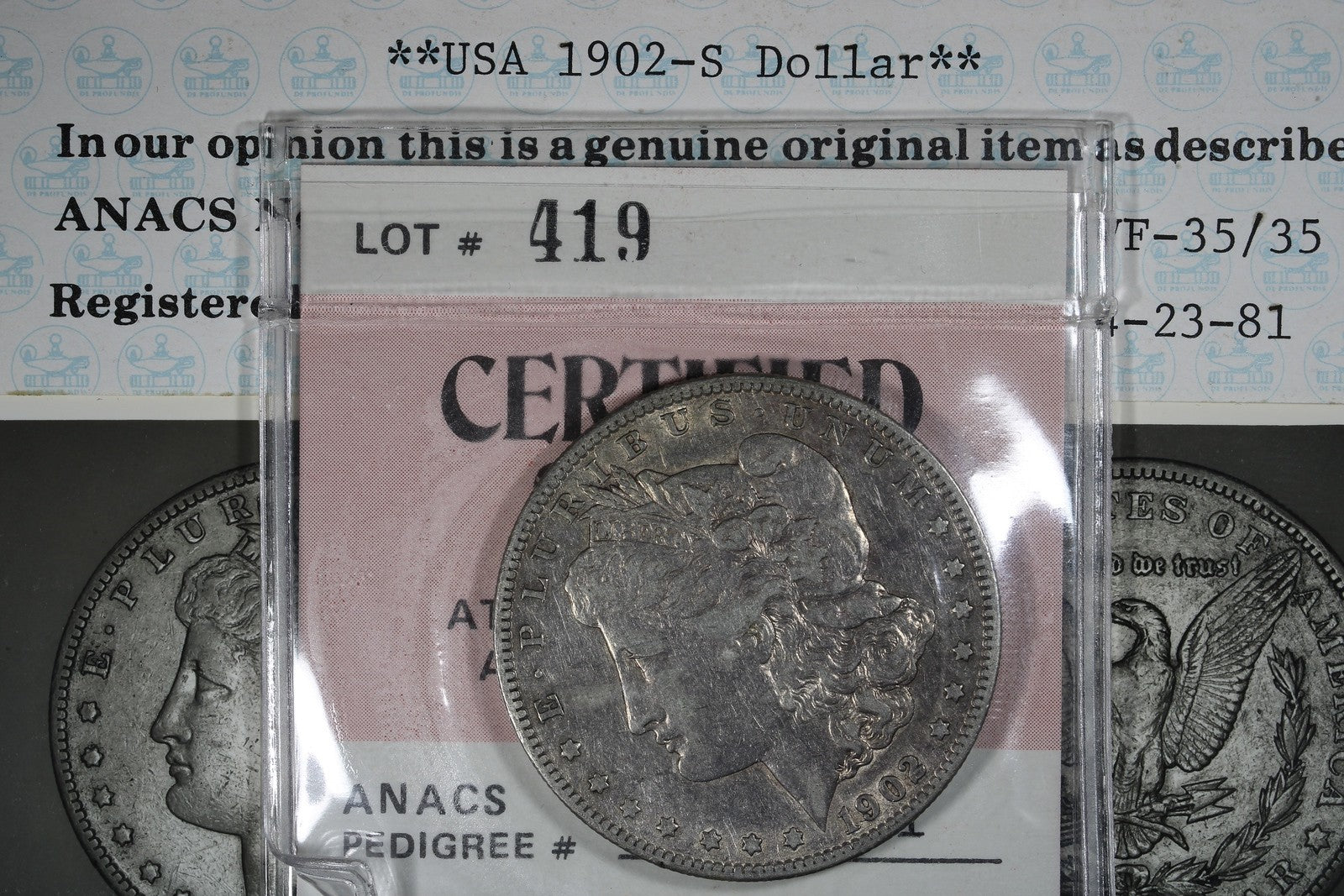 1902-S Morgan Silver Dollar $1 - ANACS Photocert VF35 - Photograde