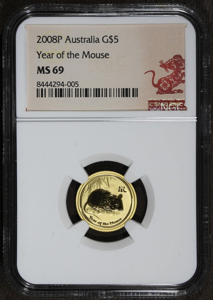 2008-P (MS69) Australia Year of the Mouse 1/10 oz Gold $5 NGC - Lunar Series