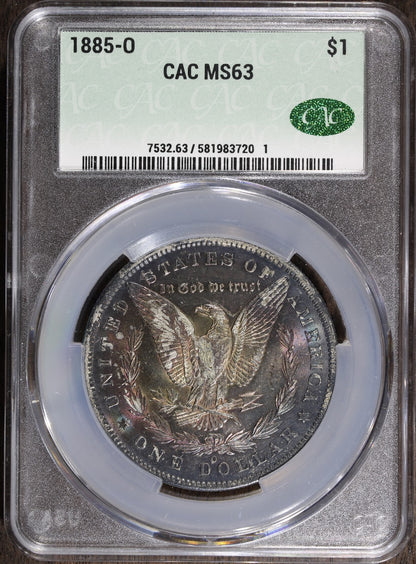 1885-O (MS63) Morgan Silver Dollar $1 CACG - Rainbow Toned!