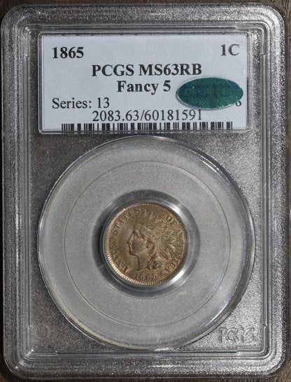 1865 (MS63RB CAC) Indian Head Cent 1C PCGS - Fancy 5