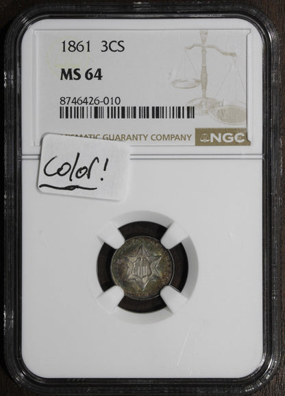 1861 (MS64) Three Cent Silver Trime 3CS NGC - Colorful Tone