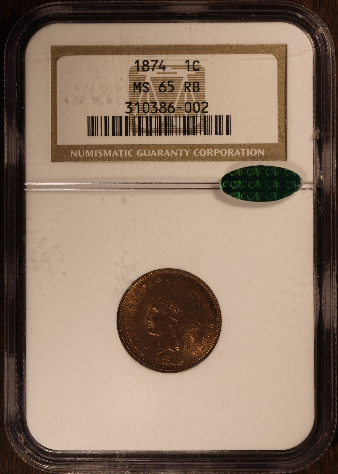1874 (MS65RB CAC) Indian Head Cent 1C NGC - Gem Quality