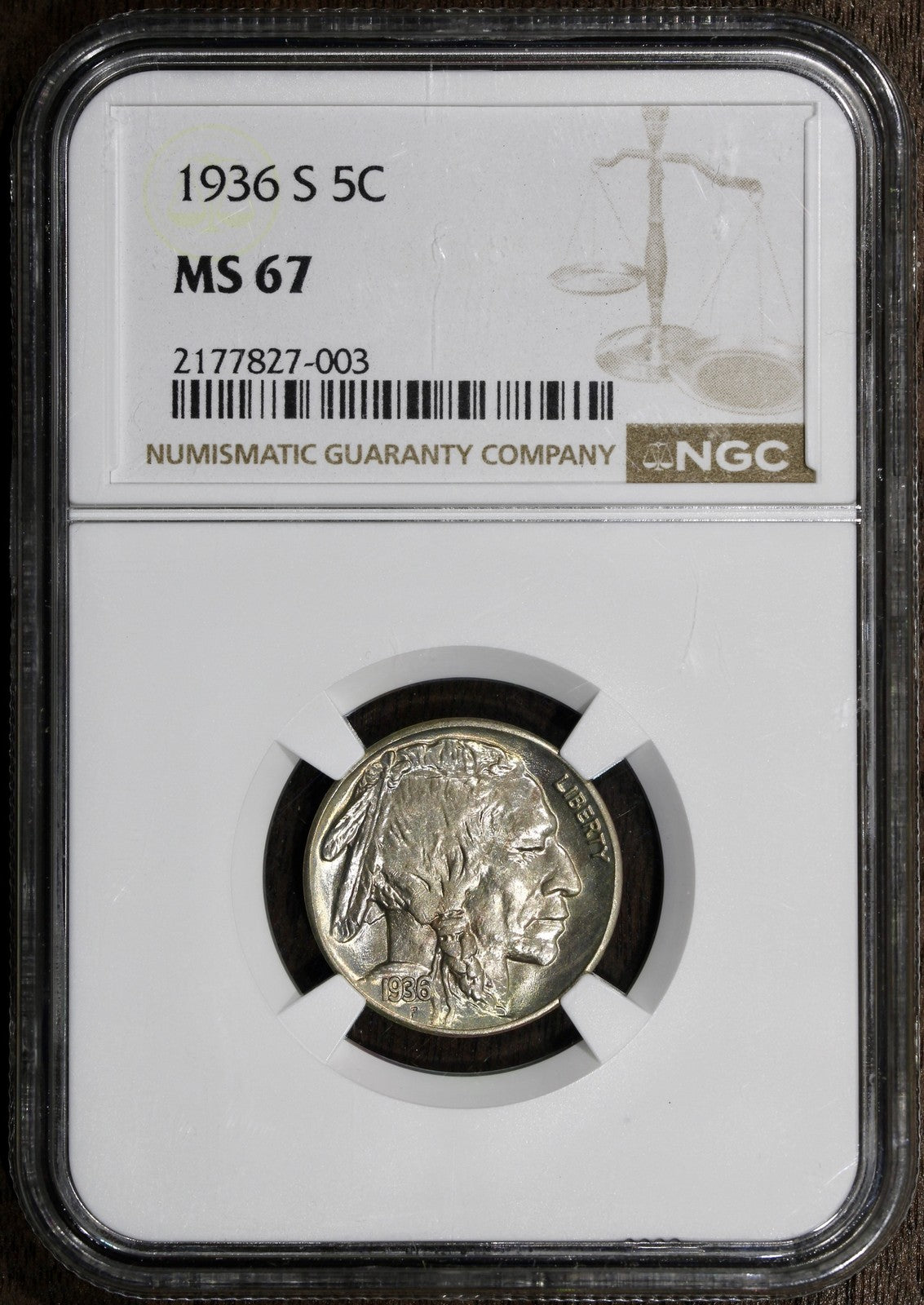 1936-S (MS67) Buffalo Nickel 5C NGC - Superb Gem