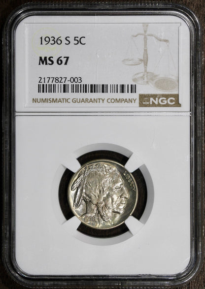 1936-S (MS67) Buffalo Nickel 5C NGC - Superb Gem