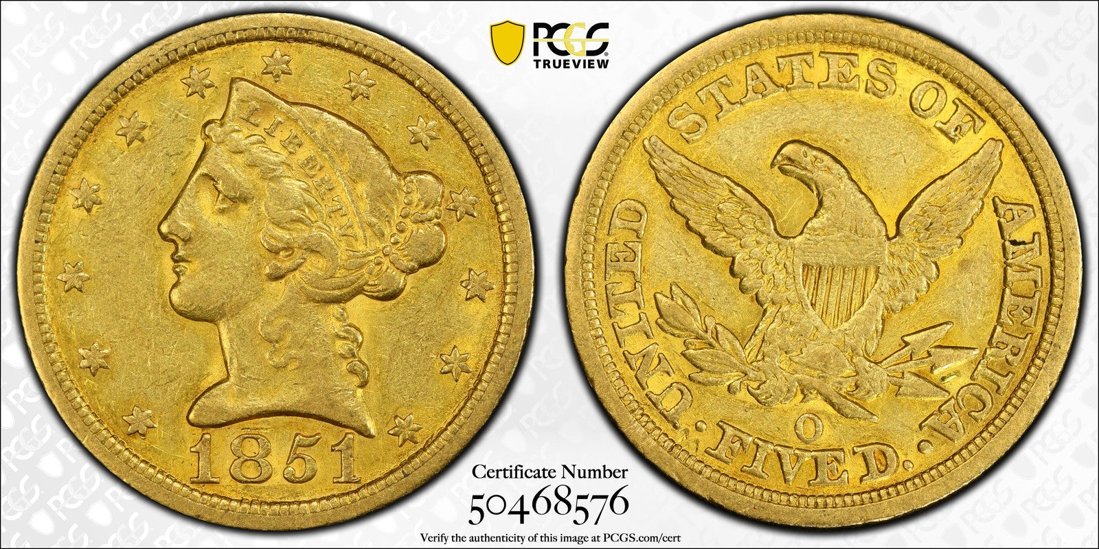 1851-O (XF45 CAC) Liberty Head Gold Half Eagle $5 PCGS