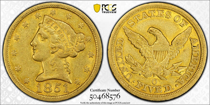 1851-O (XF45 CAC) Liberty Head Gold Half Eagle $5 PCGS