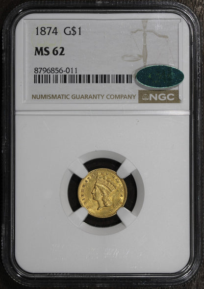 1874 (MS62 CAC) Type 3 Gold Dollar G$1 NGC