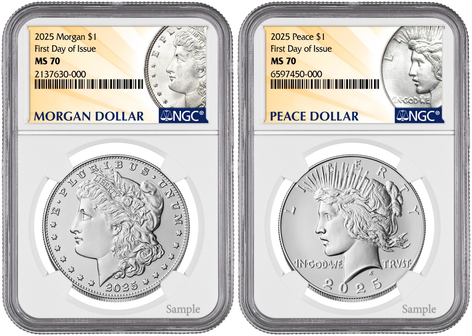 2025-P (MS70) Morgan & Peace Silver Dollar (2 Coin) First Day Of Issue FDOI NGC