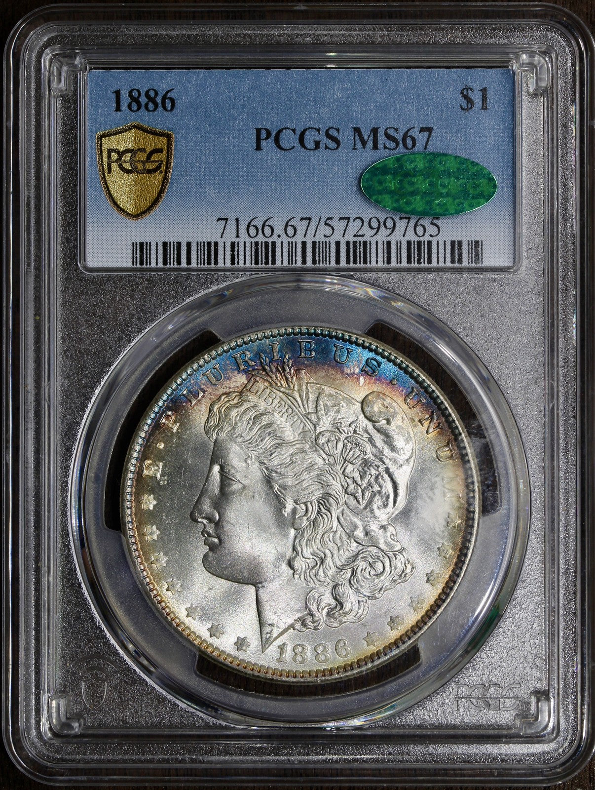 1886 (MS67 CAC) Morgan Silver Dollar $1 PCGS - Colorful Rim Tone